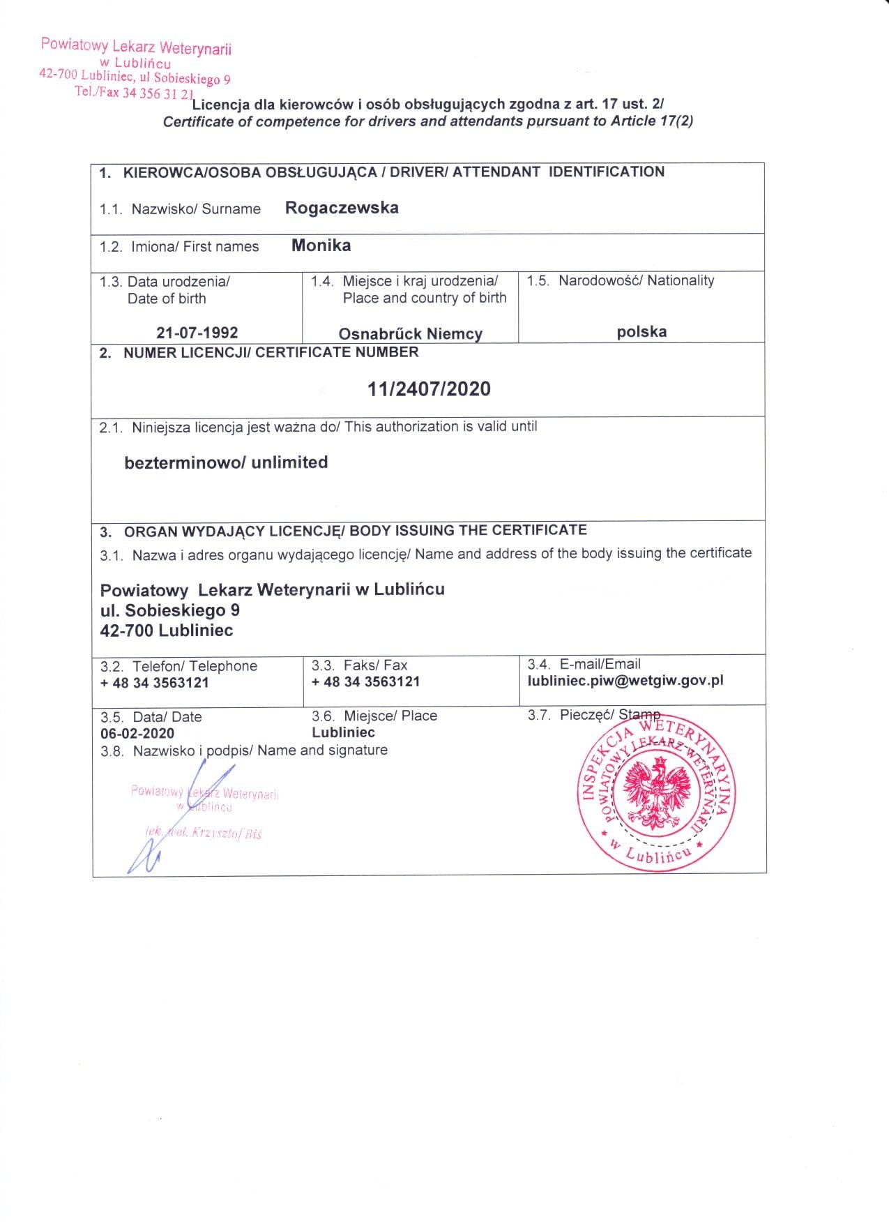 Licencja przewozu zwierząt — Monika Rogaczewska