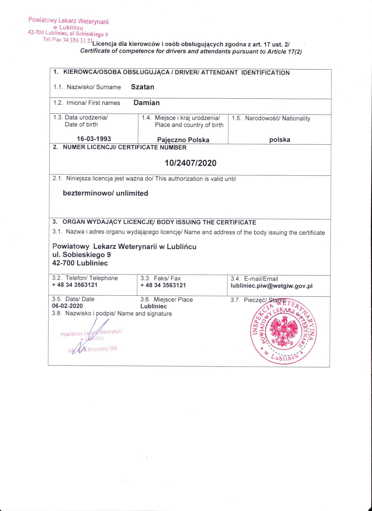 Licencja przewozu zwierząt — Damian Szatan